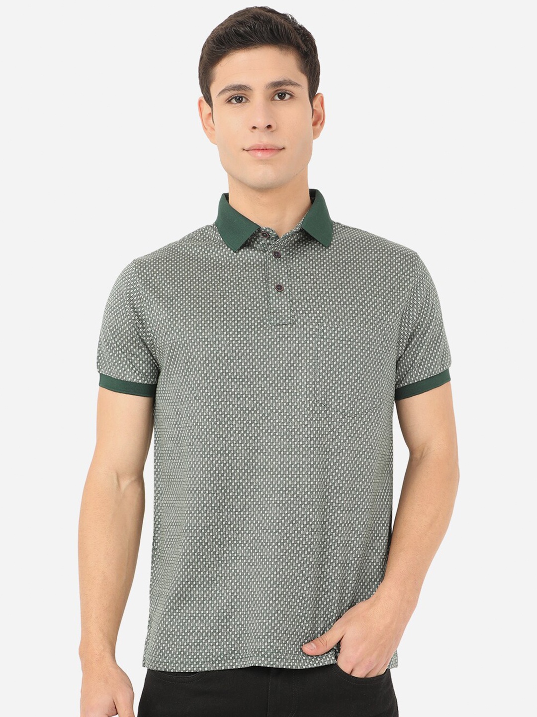 

JADE BLUE Men Olive Green & White Printed Polo Collar Slim Fit Pure Cotton T-shirt