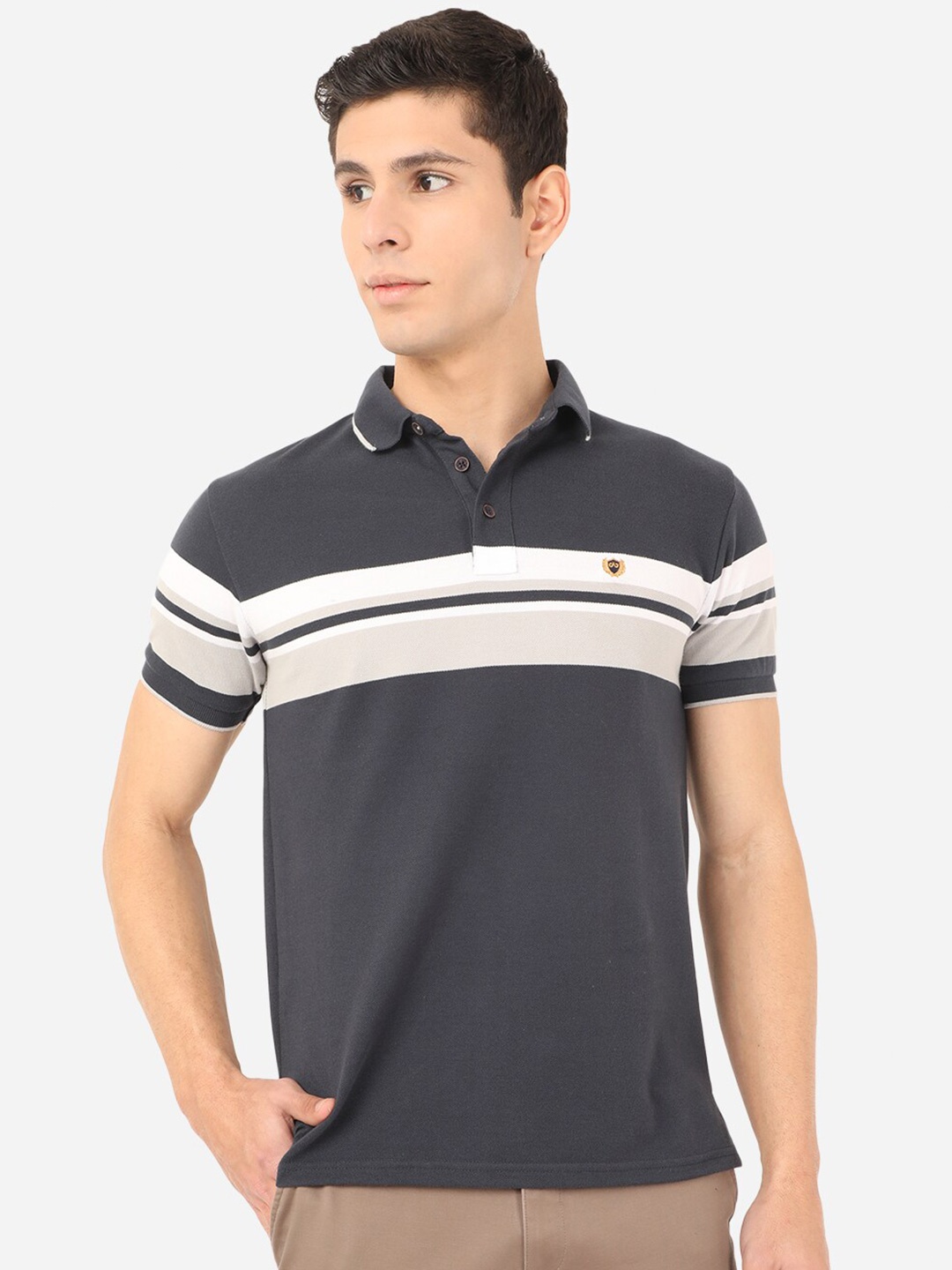 

JADE BLUE Men Grey & White Striped Polo Collar Slim Fit T-shirt