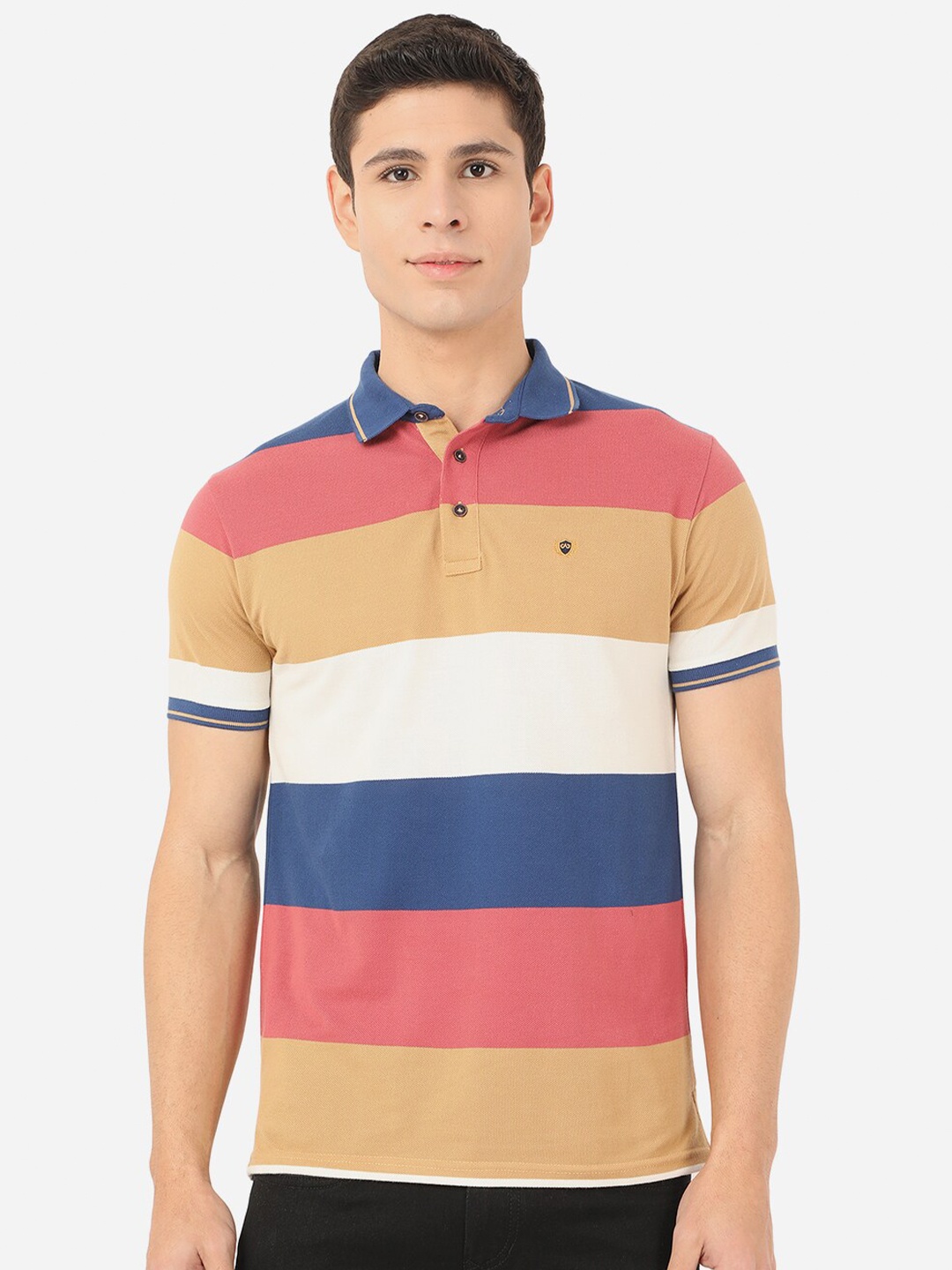 

JADE BLUE Men Beige & Pink Striped Polo Collar Slim Fit Pure Cotton T-shirt