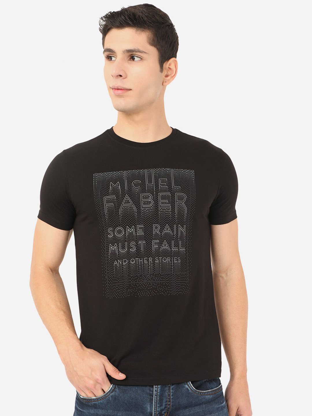 

JADE BLUE Men Black Typography Printed Slim Fit Cotton T-shirt