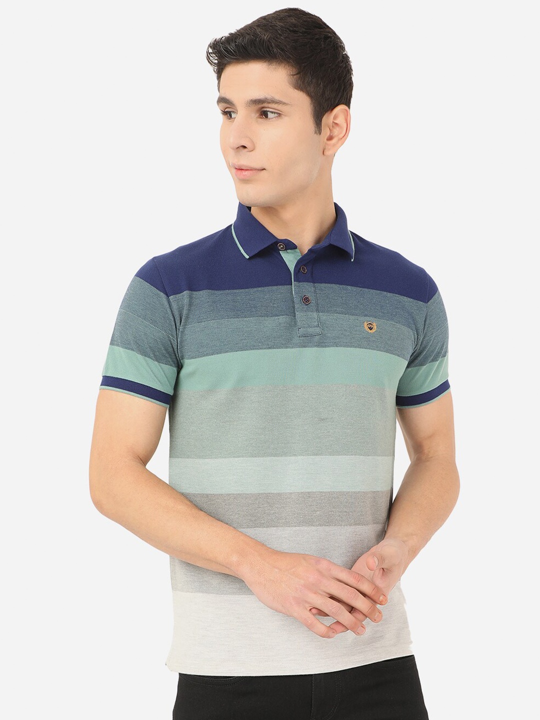 

JADE BLUE Men Blue Striped Polo Collar Slim Fit T-shirt