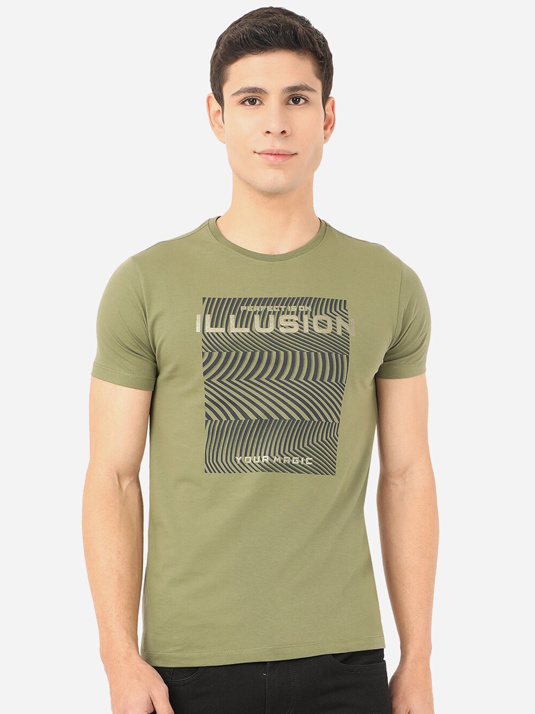 

JADE BLUE Men Olive Green Typography Printed Slim Fit Cotton T-shirt