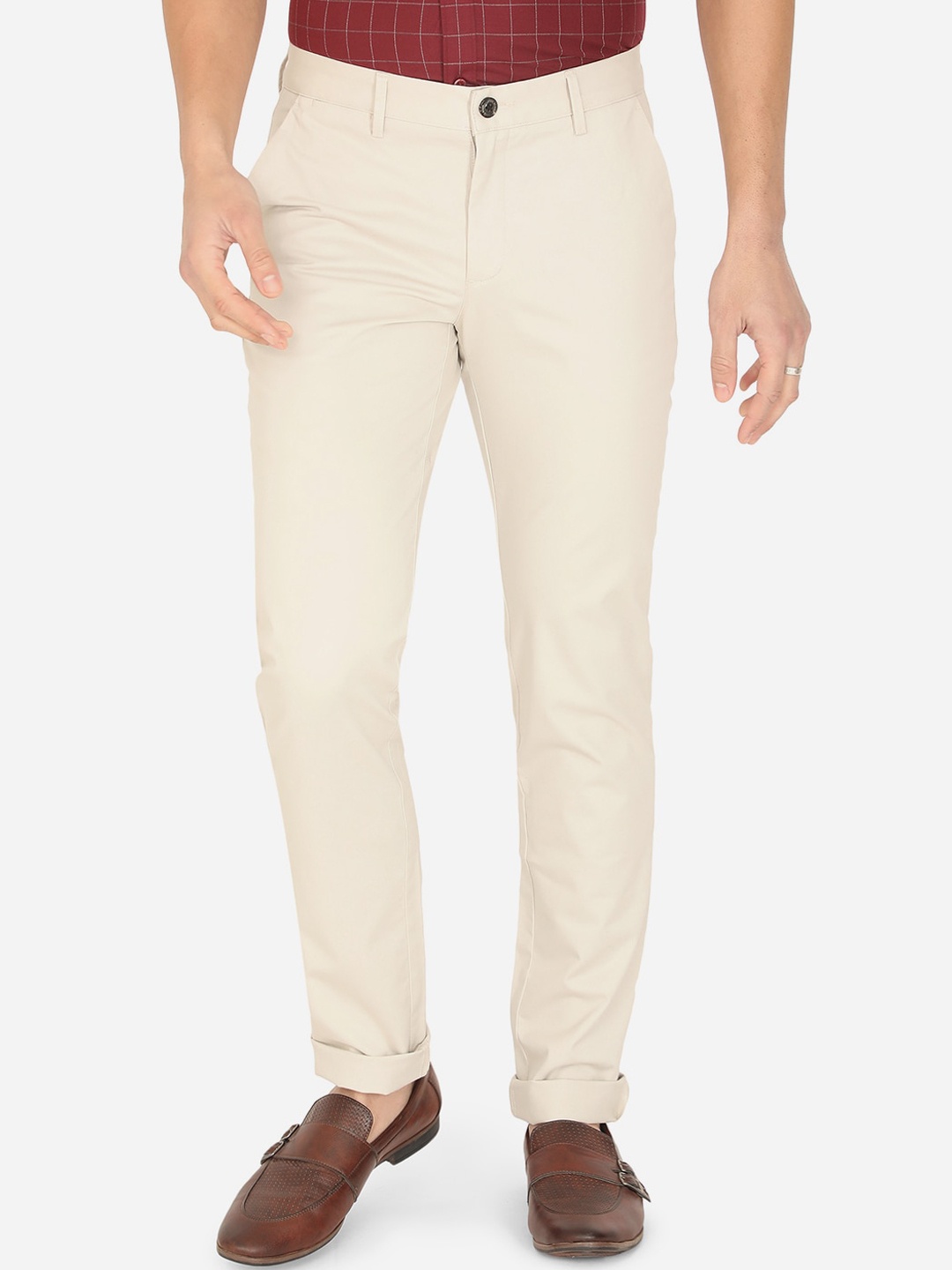 

JADE BLUE Men Cream-Coloured Slim Fit Easy Wash Cotton Chinos Trousers