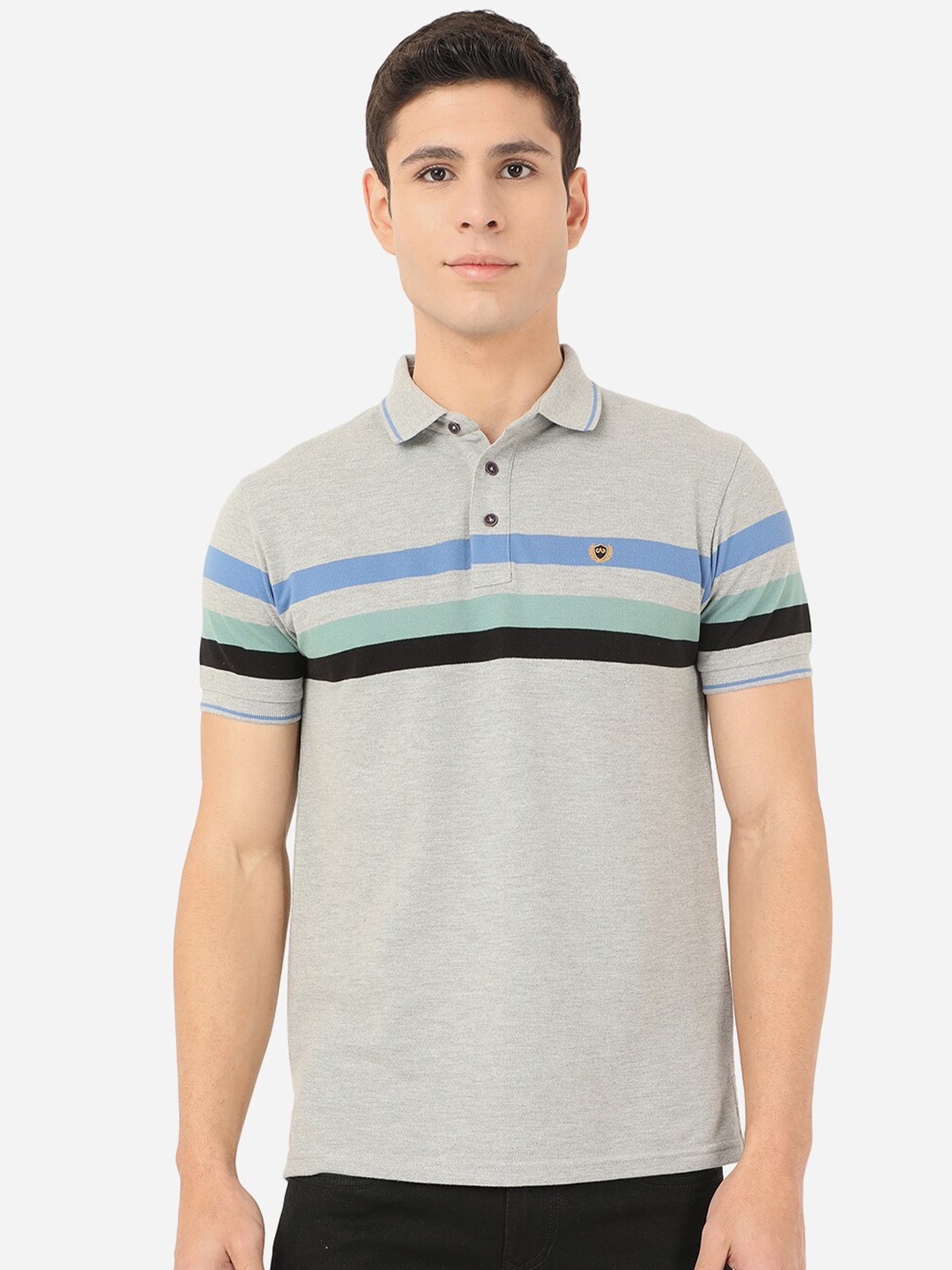 

JADE BLUE Men Grey Striped Polo Collar Slim Fit Outdoor Pure Cotton T-shirt