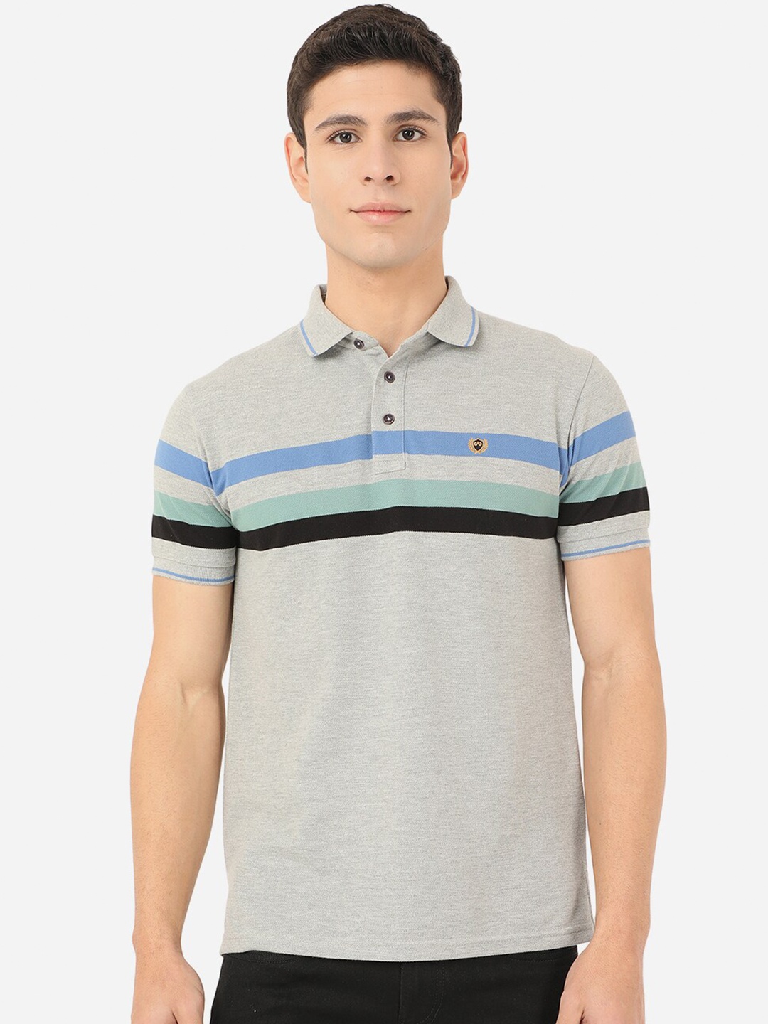 

JADE BLUE Men Grey Striped Polo Collar Slim Fit Cotton T-shirt