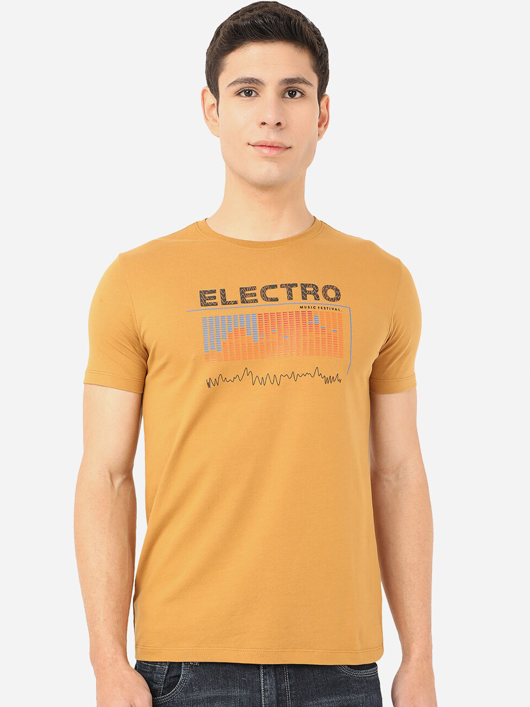 

JADE BLUE Men Mustard Yellow Typography Printed Cotton T-shirt