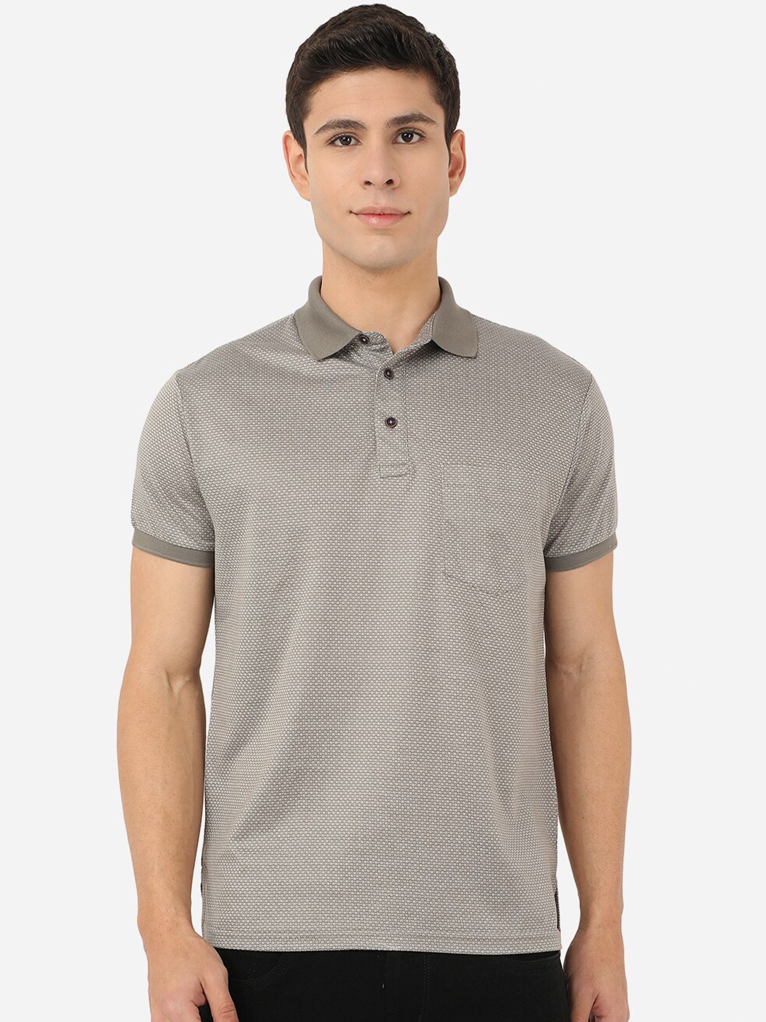 

JADE BLUE Men Grey Polo Collar Slim Fit Pure Cotton Outdoor T-shirt