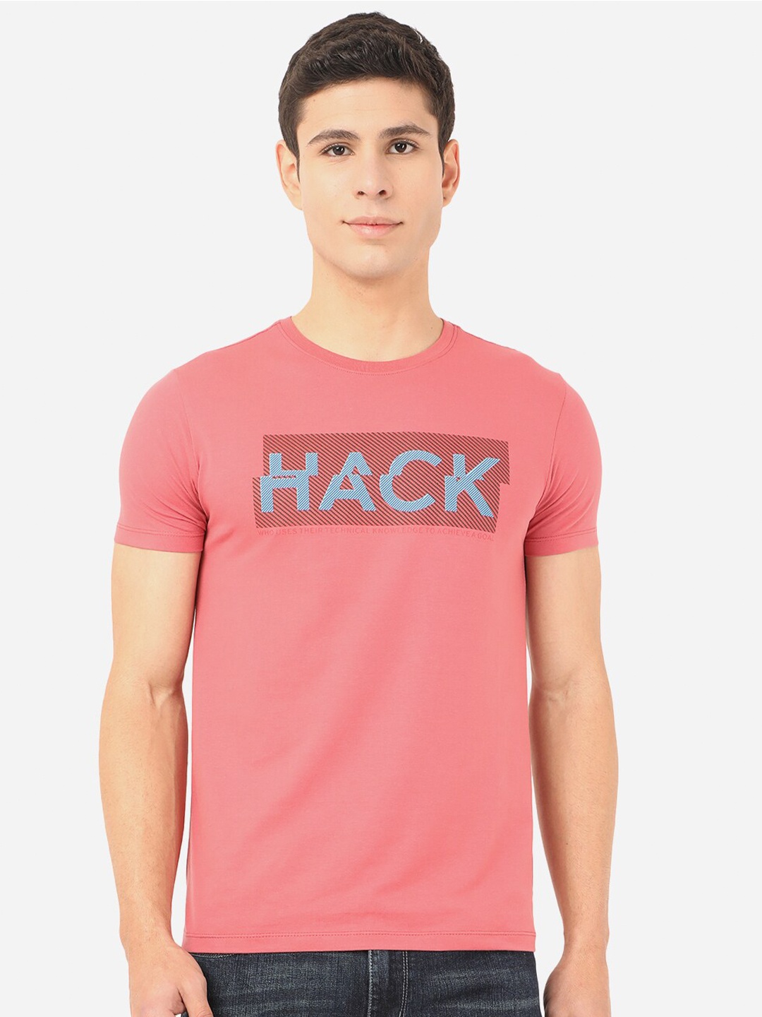 

JADE BLUE Men Red Typography Printed Slim Fit Cotton T-shirt