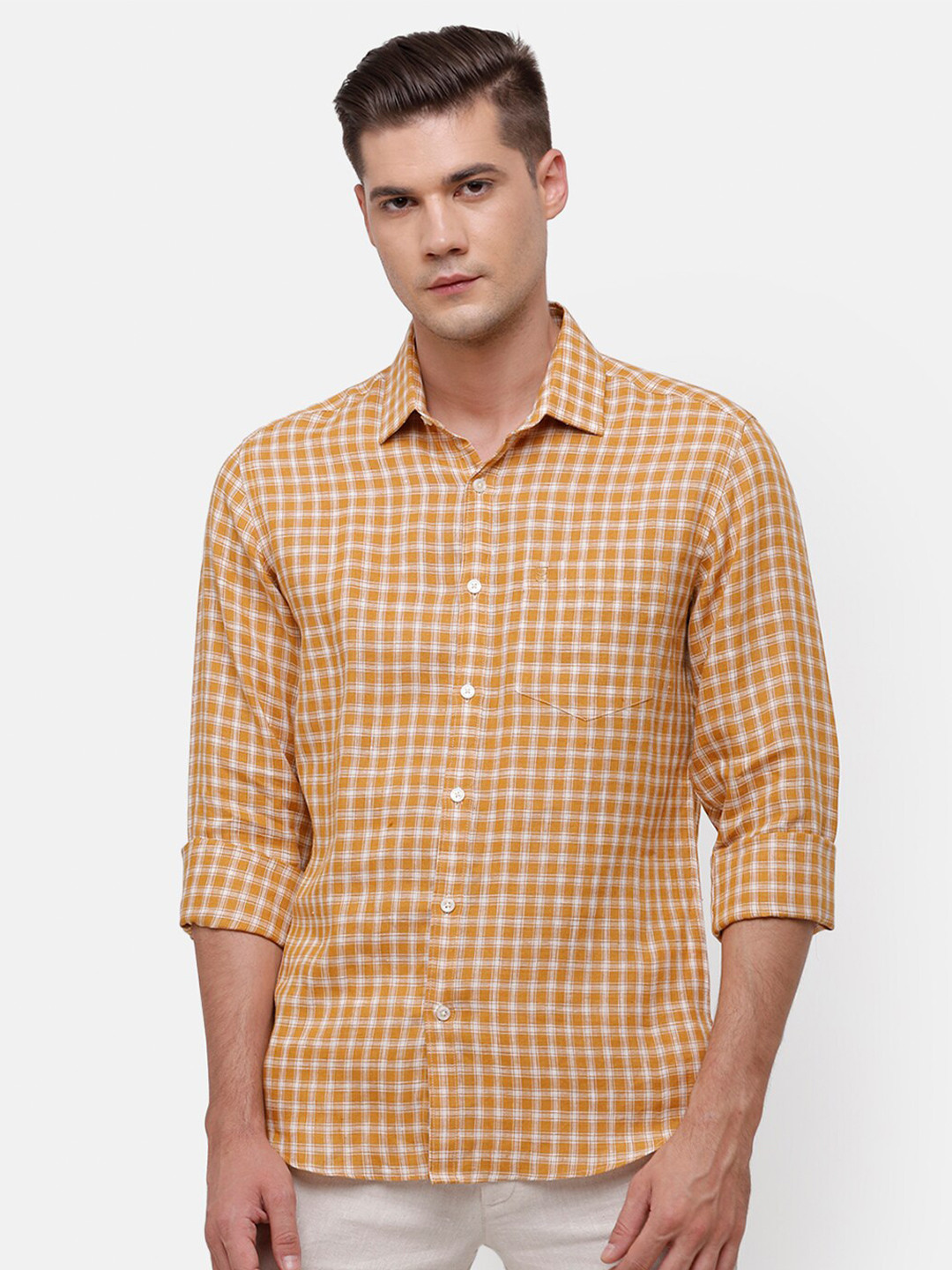 

Linen Club Men Yellow Checked Linen Casual Shirt