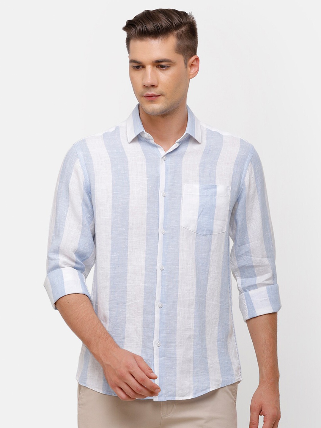 

Linen Club Men Blue Striped Casual Shirt