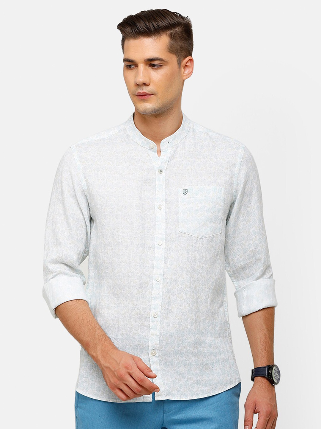

Linen Club Men Turquoise Blue Printed Regular Fit Linen Casual Shirt