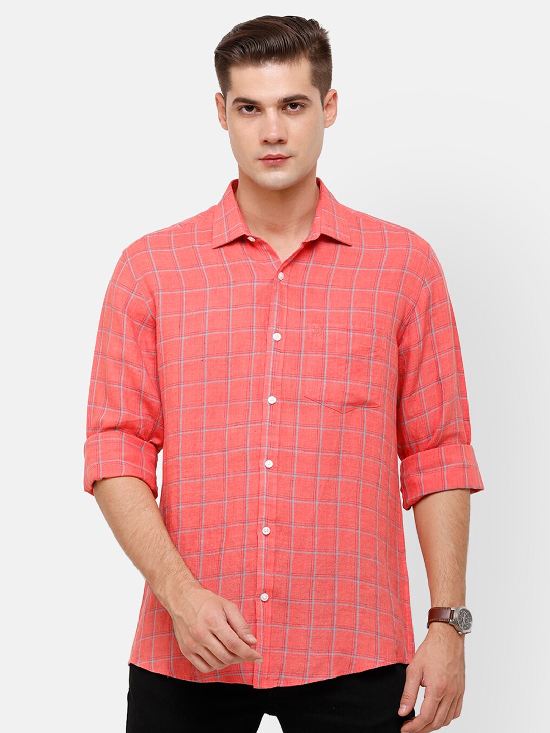 

Linen Club Men Red Grid Tattersall Checked Regular Fit Casual Shirt
