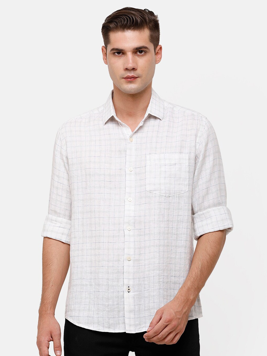 

Linen Club Men Checked Casual Linen Shirt, White