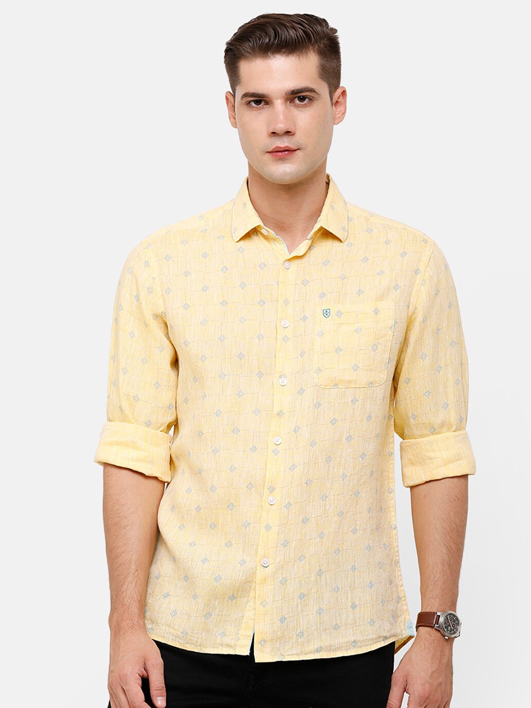 

Linen Club Men Yellow Printed Linen Casual Shirt