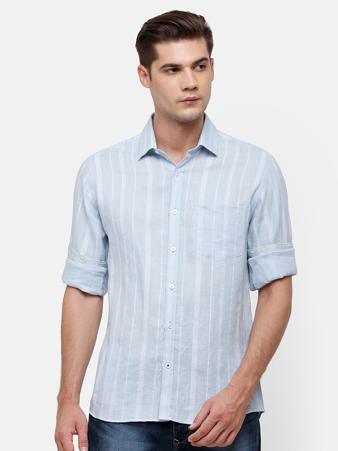 

Linen Club Men Blue Striped Linen Casual Shirt