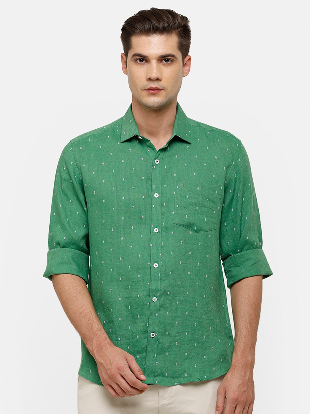 

Linen Club Men Green Printed Linen Casual Shirt