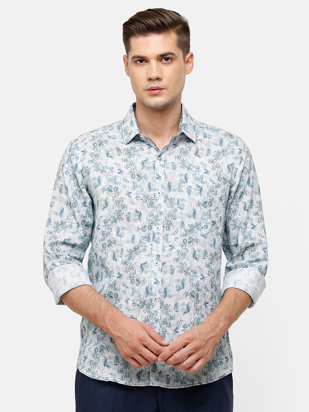 

Linen Club Men Blue Floral Printed Linen Casual Shirt