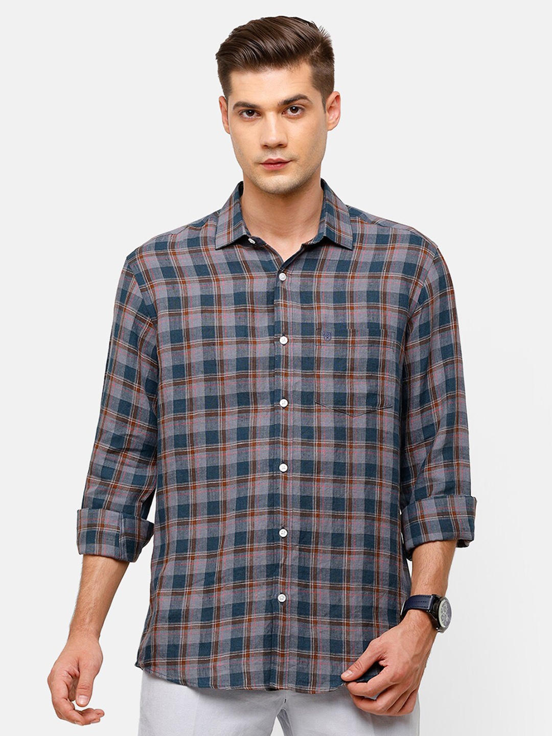 

Linen Club Men Grey Tartan Checked Linen Casual Shirt