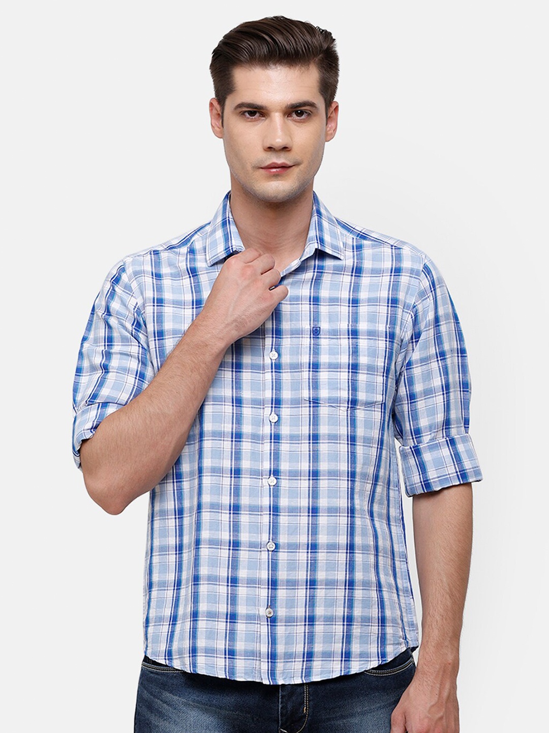 

Linen Club Men Blue Tartan Checks Checked Casual Shirt