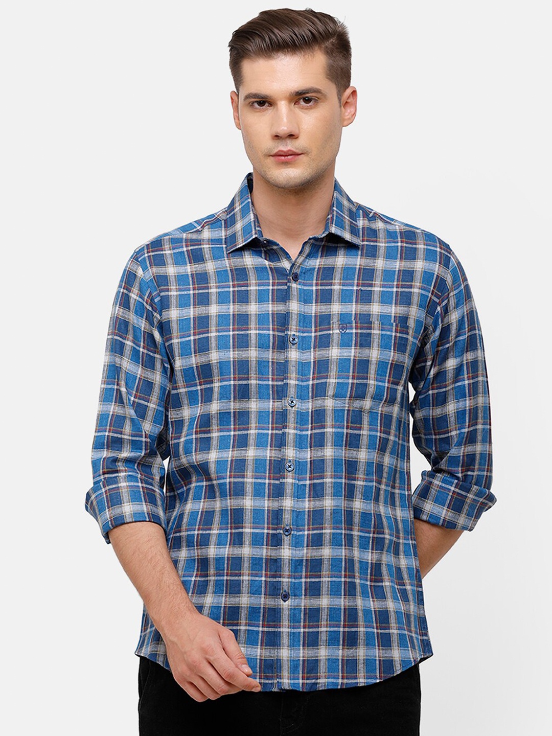 

Linen Club Men Blue Tartan Checks Checked Linen Casual Shirt