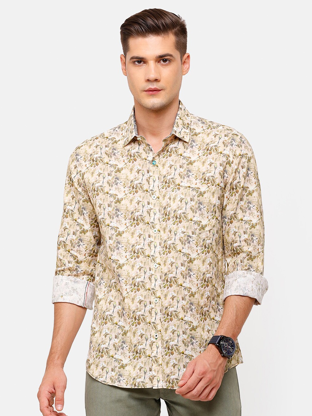 

Linen Club Men Beige & Olive Green Floral Printed Linen Casual Shirt