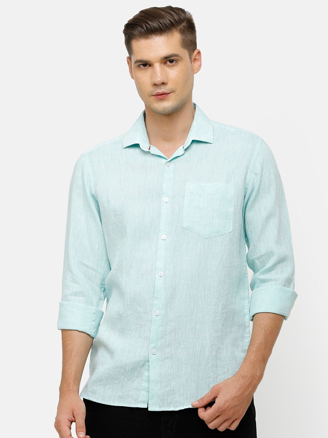 

Linen Club Men Turquoise Blue Linen Casual Shirt