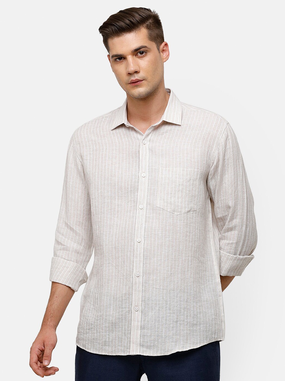 

Linen Club Men White Striped Linen Casual Shirt