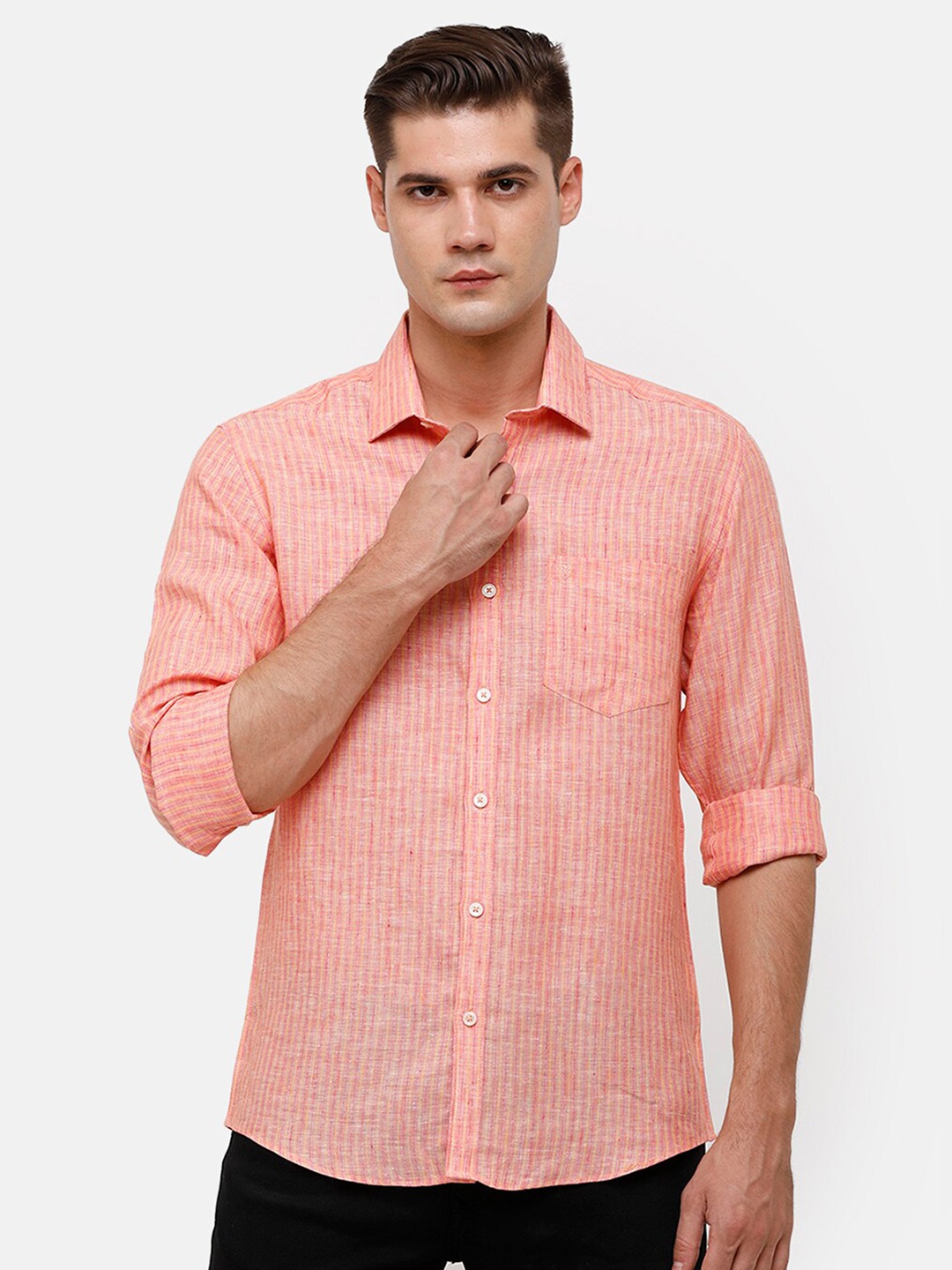 

Linen Club Men Red Striped Casual Linen Shirt