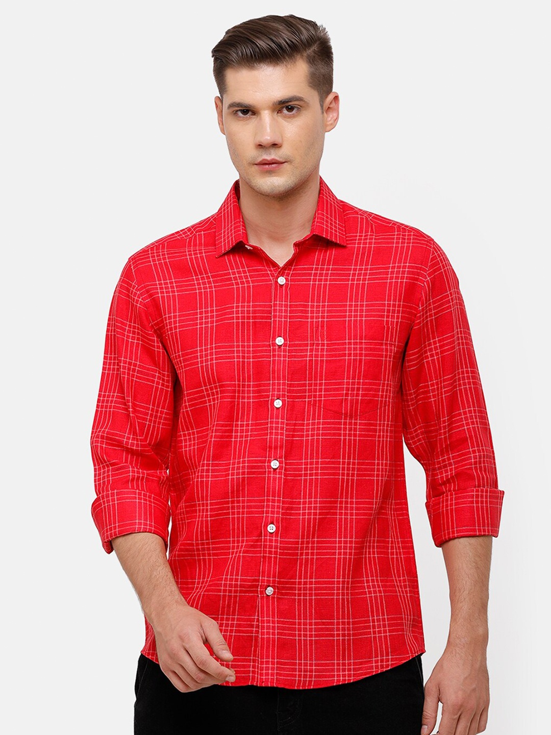 

Linen Club Men Red Tartan Checks Checked Linen Casual Shirt