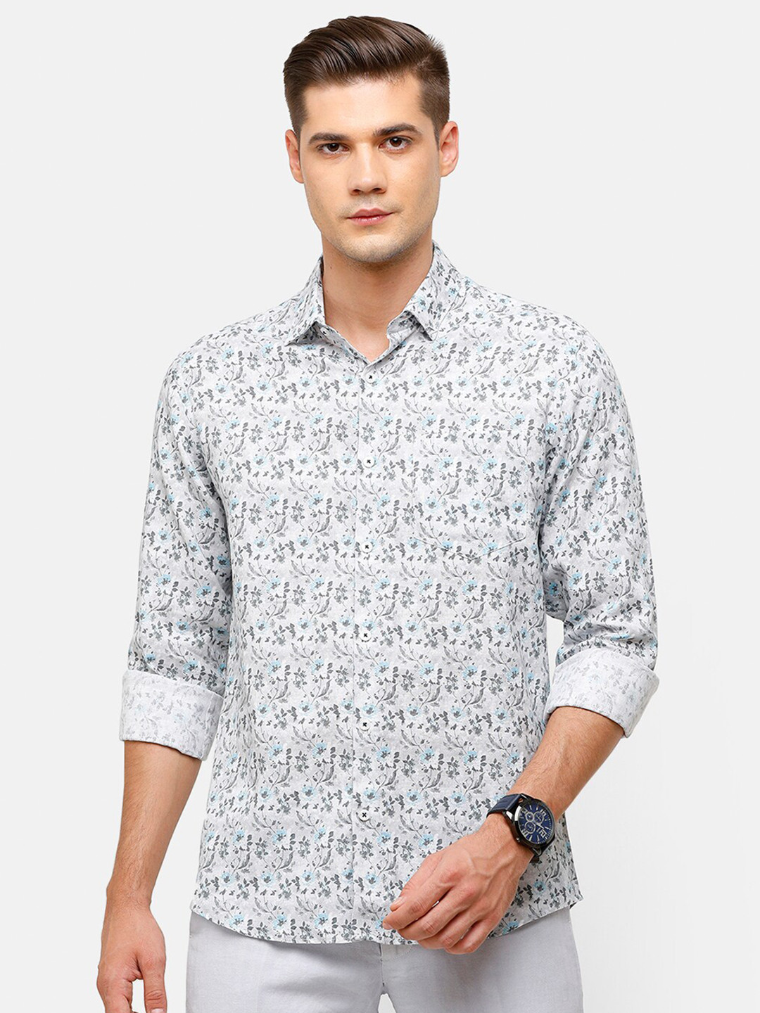 

Linen Club Men Grey Floral Printed Linen Casual Shirt