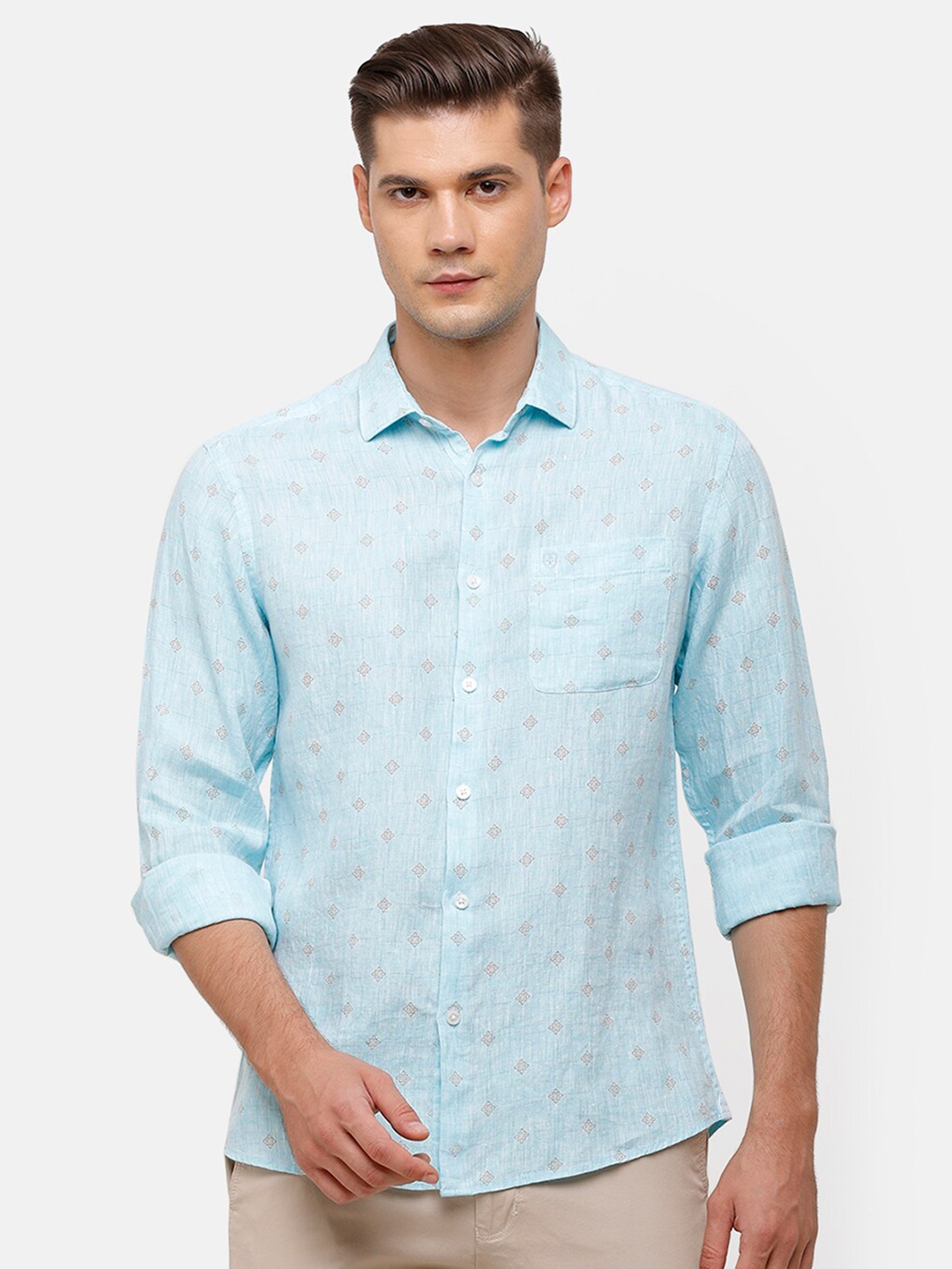 

Linen Club Men Turquoise Blue Floral Printed Linen Casual Shirt