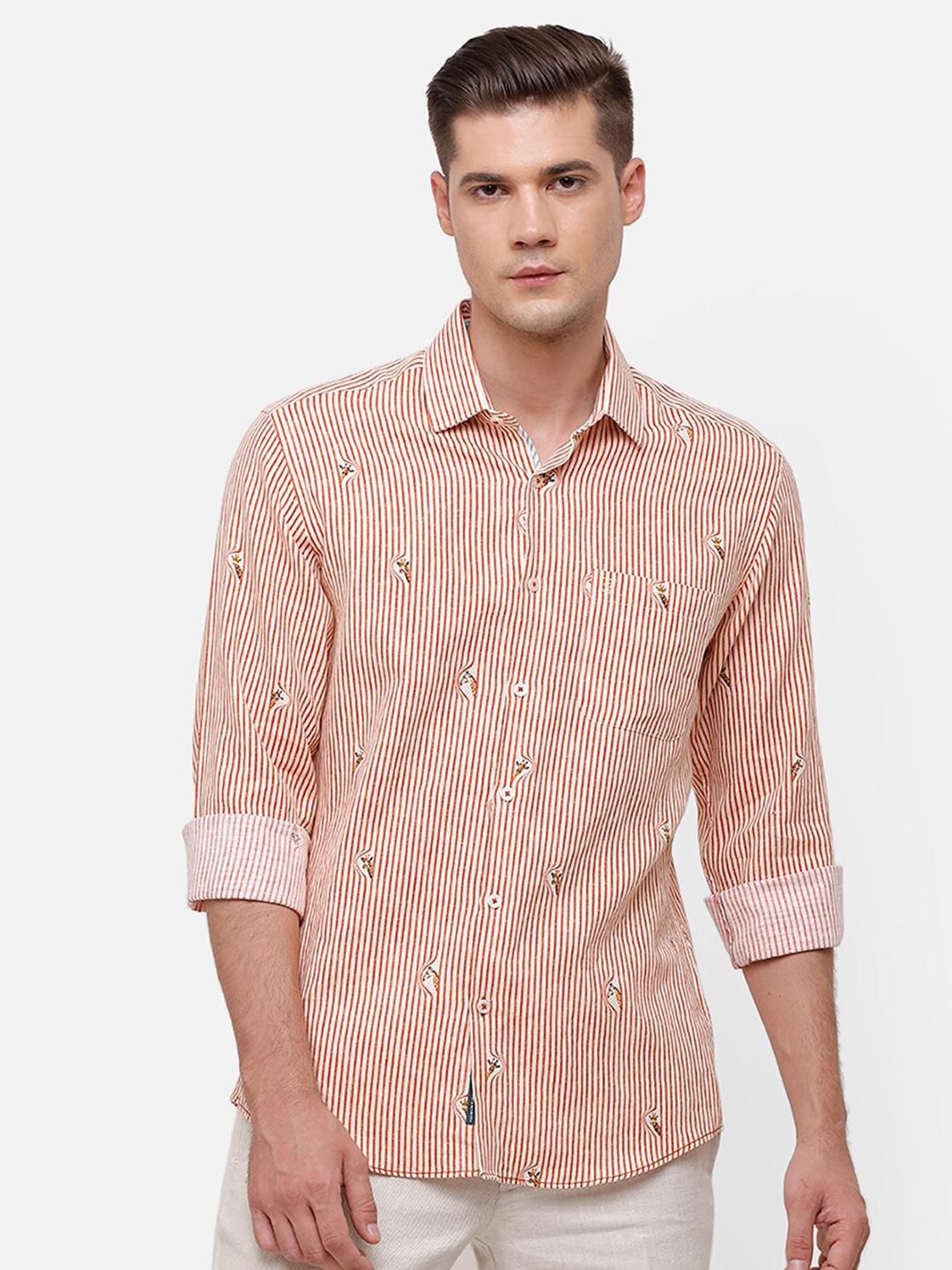 

Linen Club Men Off-White & Red Vertical Striped Linen Casual Shirt