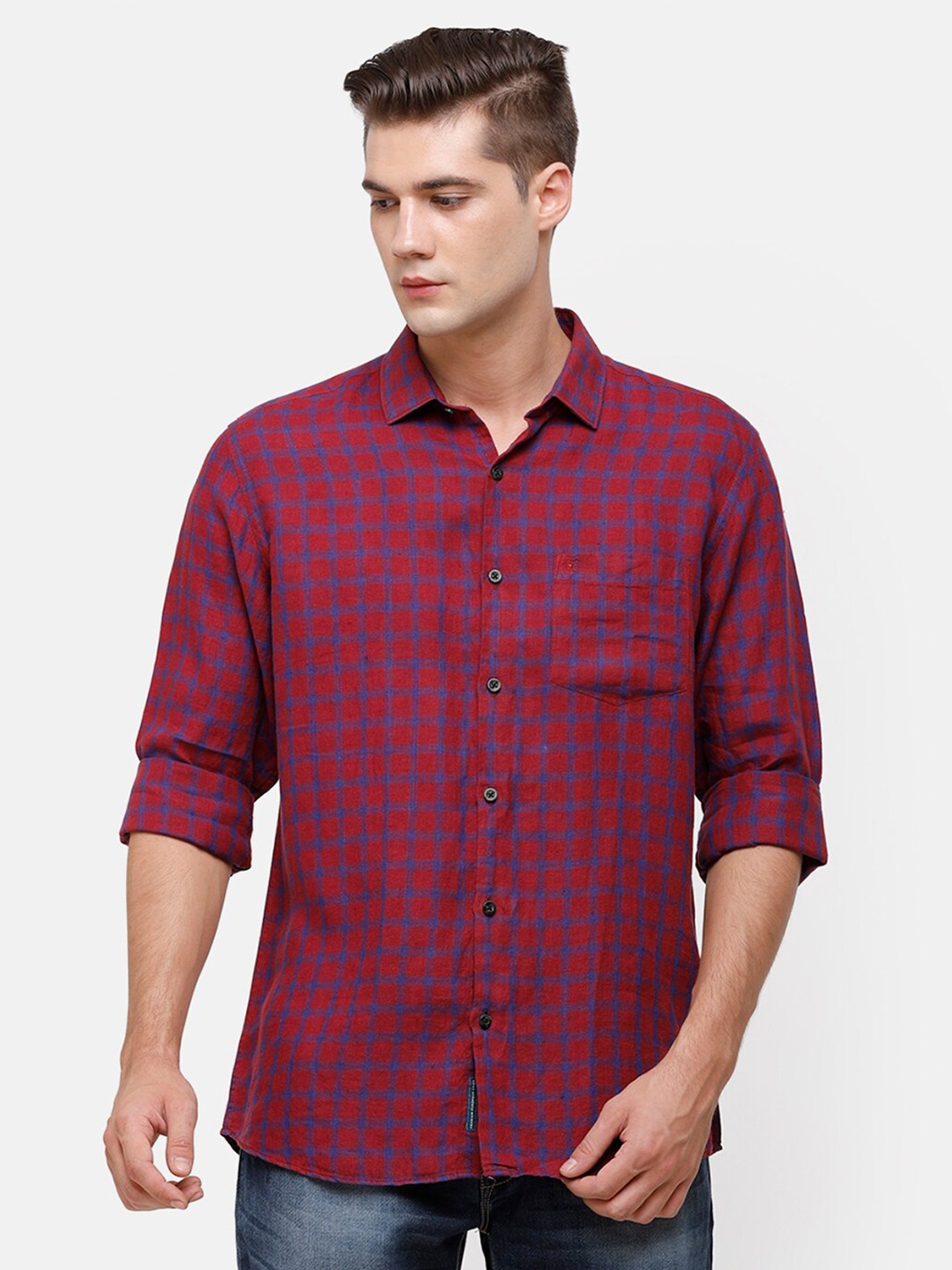 

Linen Club Men Red Checked Linen Casual Shirt