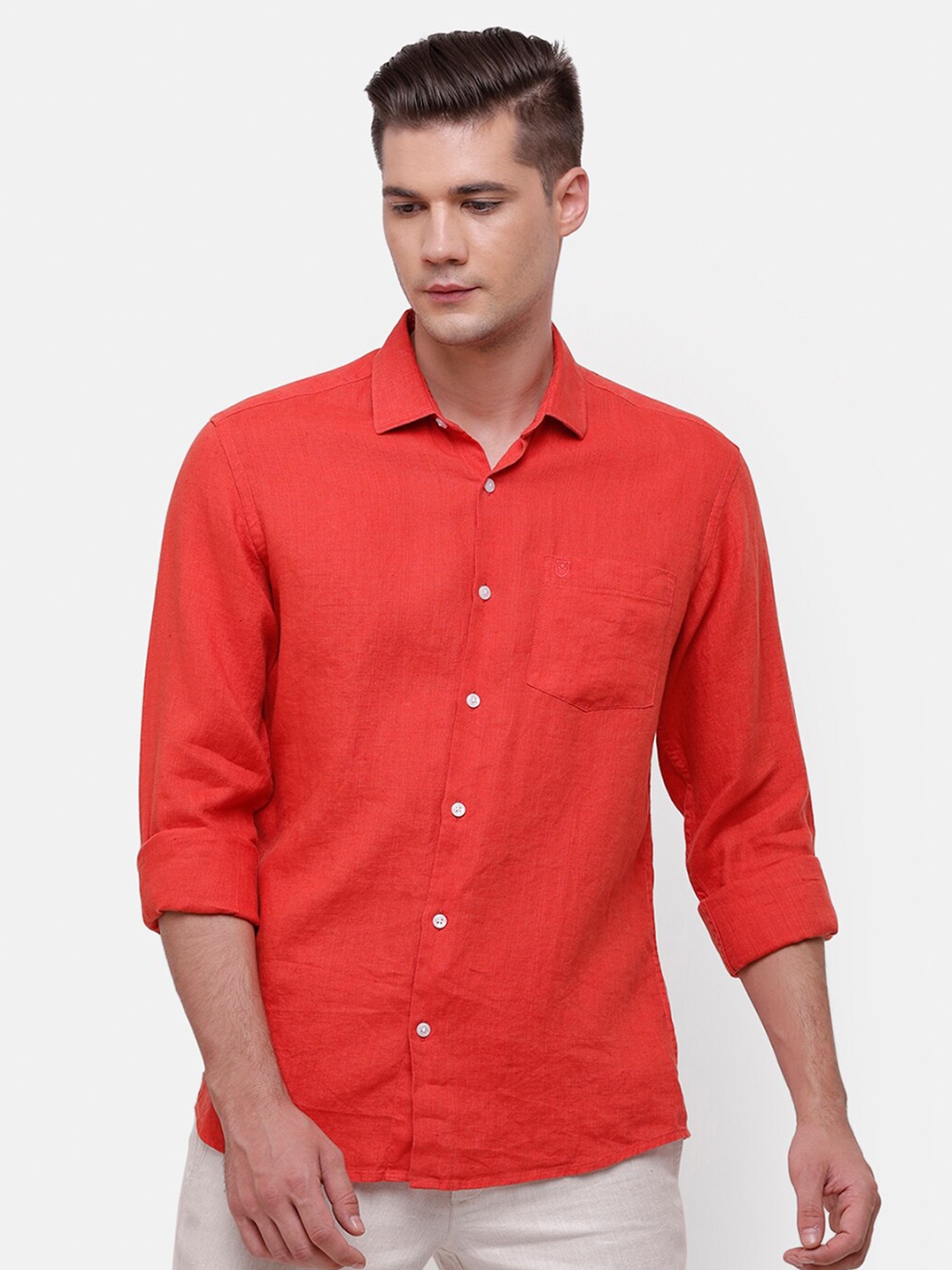 

Linen Club Men Red Linen Casual Shirt