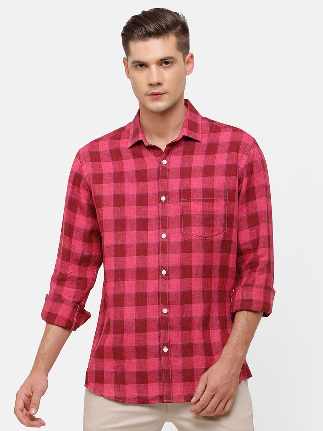 

Linen Club Men Red Checked Linen Casual Shirt