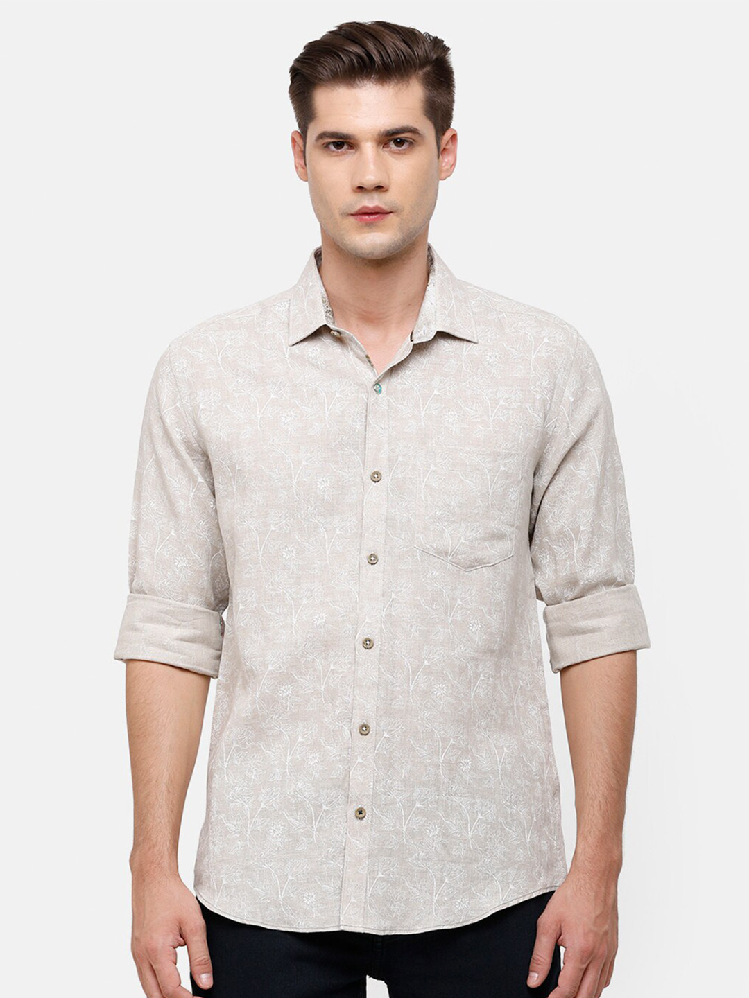 

Linen Club Men Beige Floral Printed Linen Casual Shirt