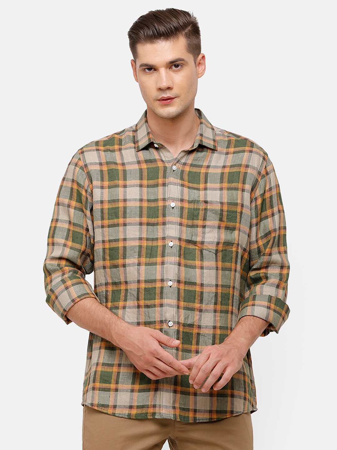 

Linen Club Men Green Tartan Checks Checked Casual Shirt