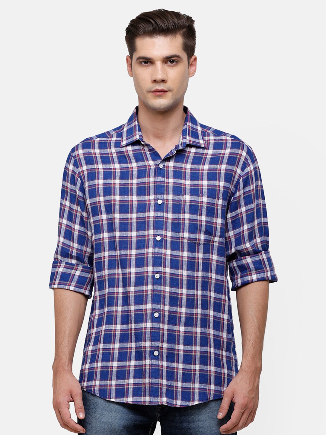 

Linen Club Men Blue & White Checked Linen Casual Shirt