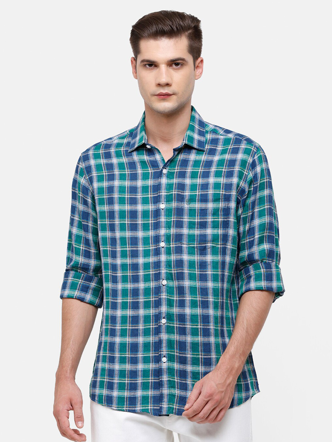 

Linen Club Men Blue Checked Linen Casual Shirt