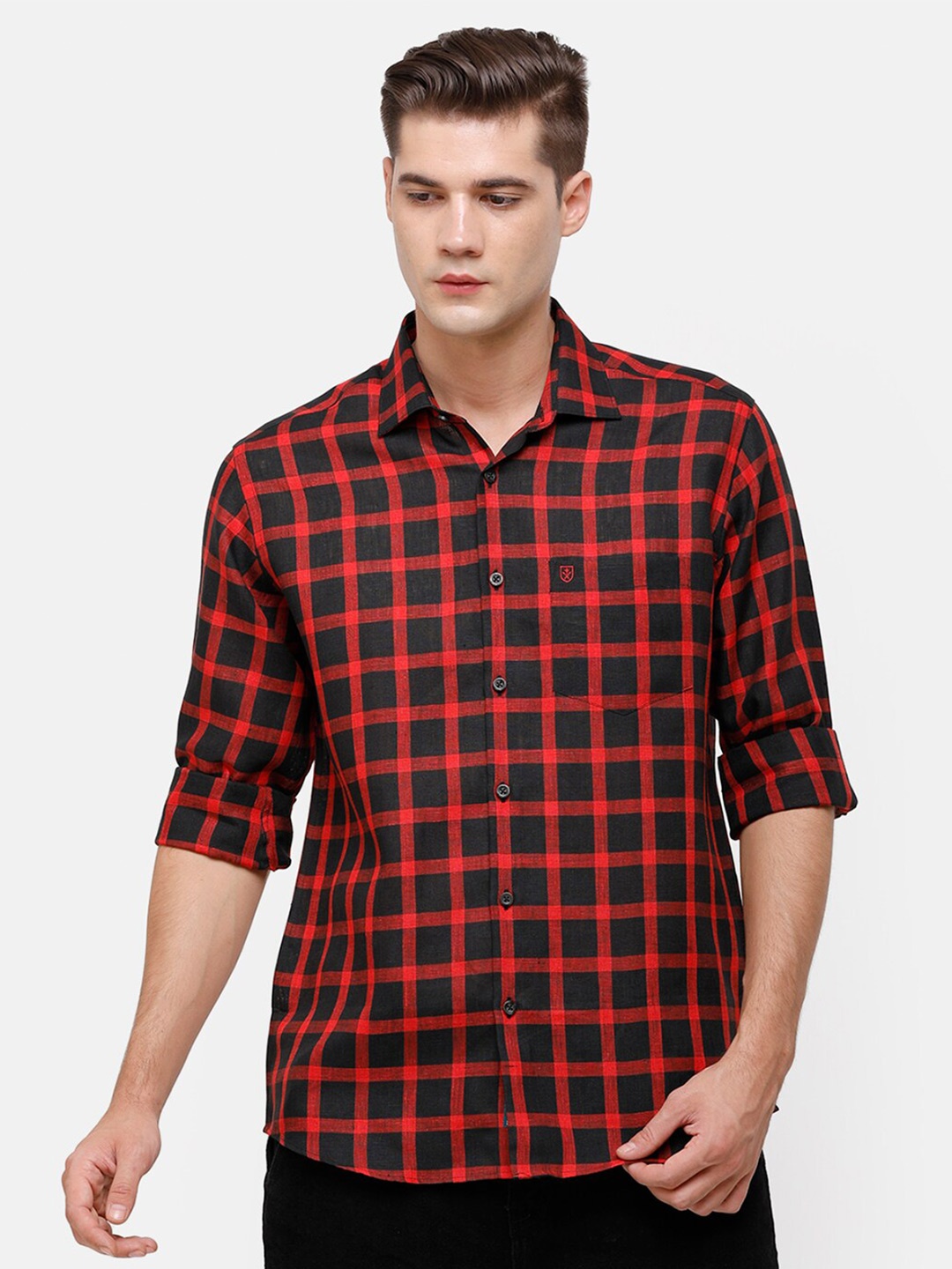 

Linen Club Men Red Regular Fit Windowpane Checked Casual Shirt