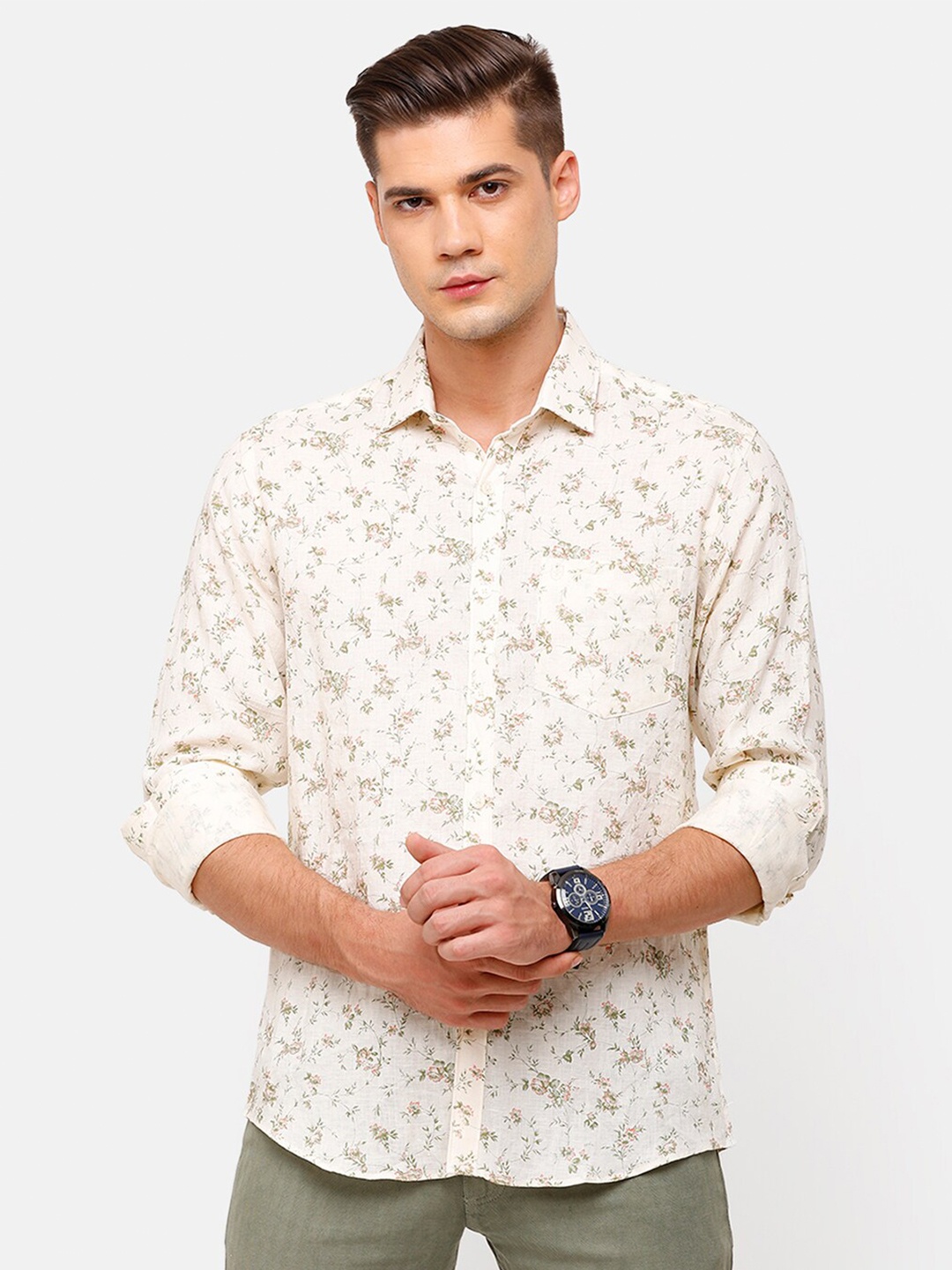 

Linen Club Men Cream-Coloured Floral Printed Casual Shirt