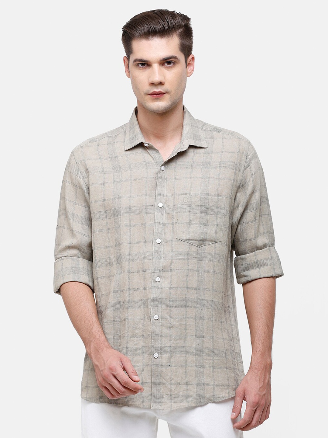 

Linen Club Men Grey Checked Linen Casual Shirt