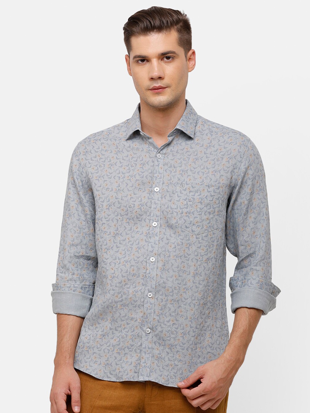 

Linen Club Men Grey Floral Printed Linen Casual Shirt