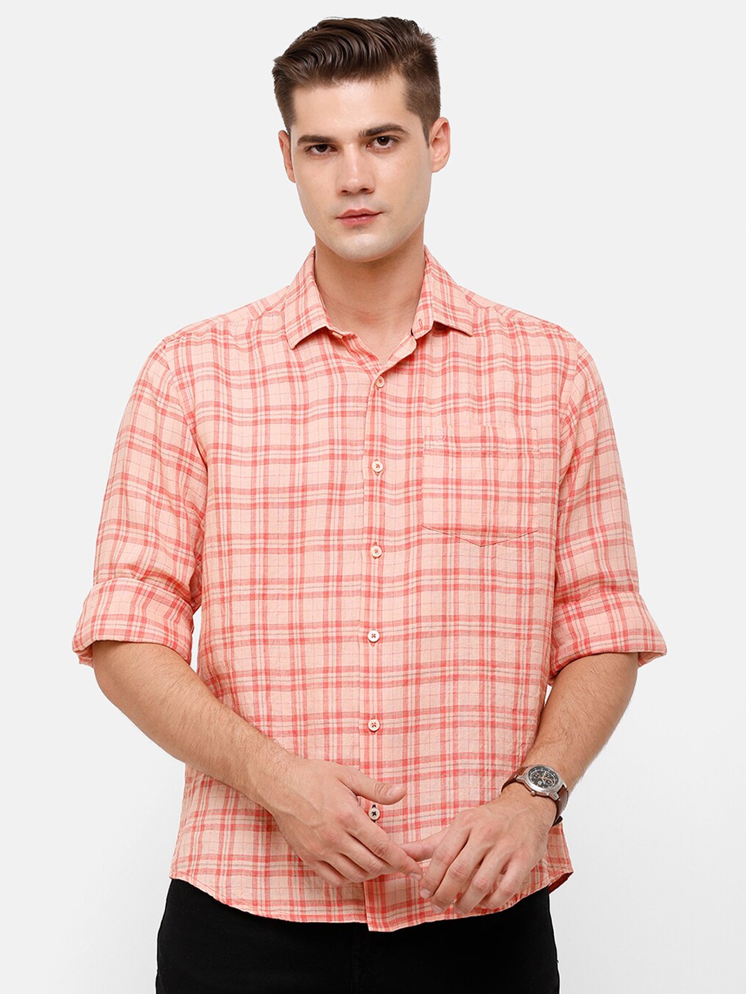 

Linen Club Men Red Checked Casual Regular Fit Linen Shirt