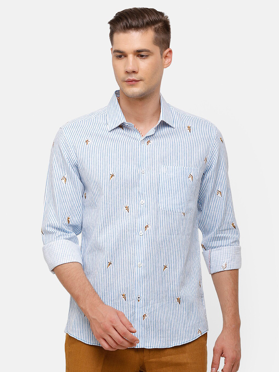 

Linen Club Men Blue Striped Regular Fit Linen Sustainable Casual Shirt