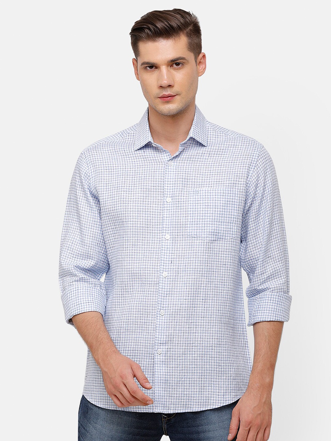 

Linen Club Men Blue Checked Regular Fit Linen Casual Shirt