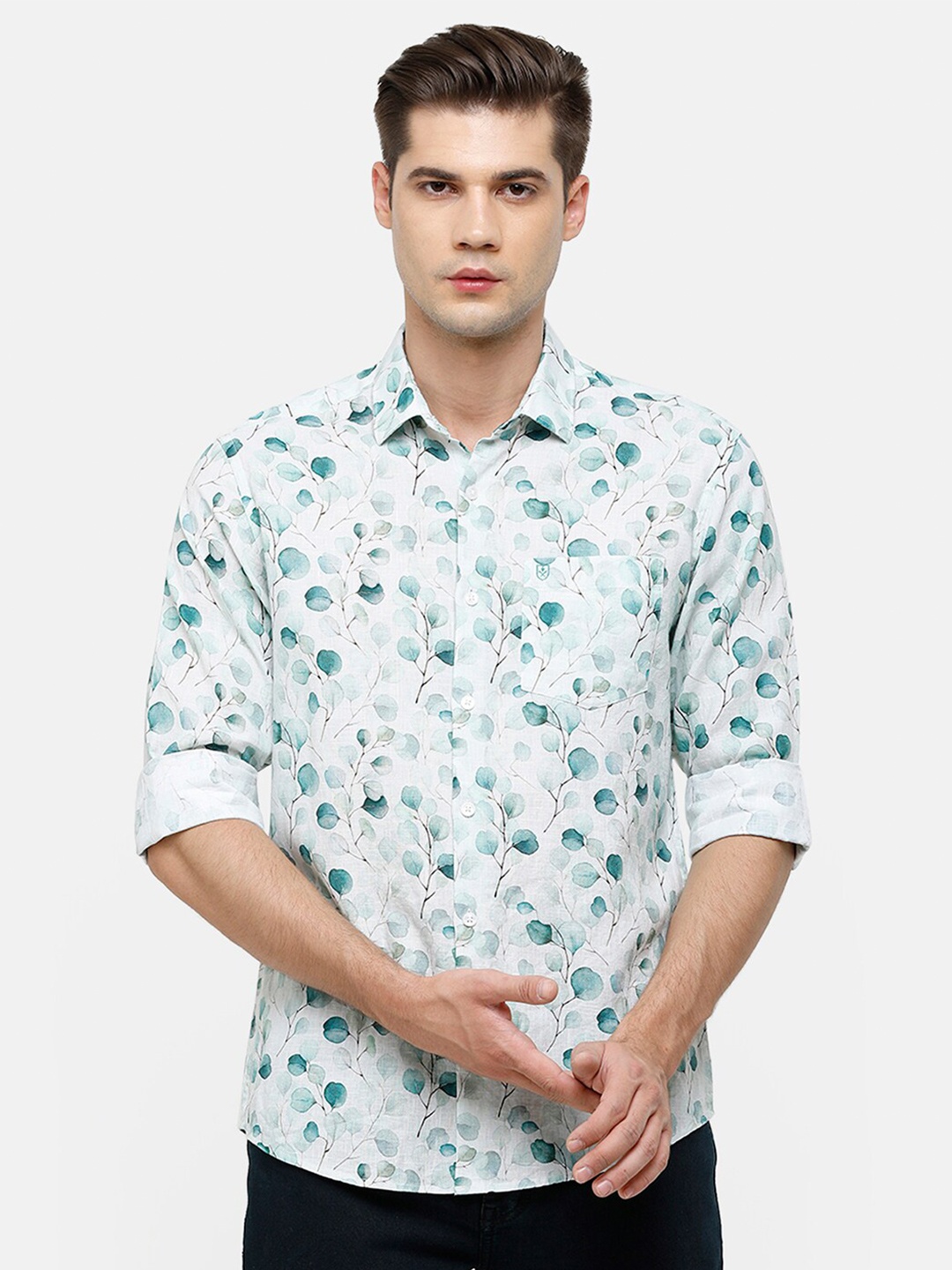 

Linen Club Men White & Turquoise Blue Printed Casual Regular Fit Linen Shirt