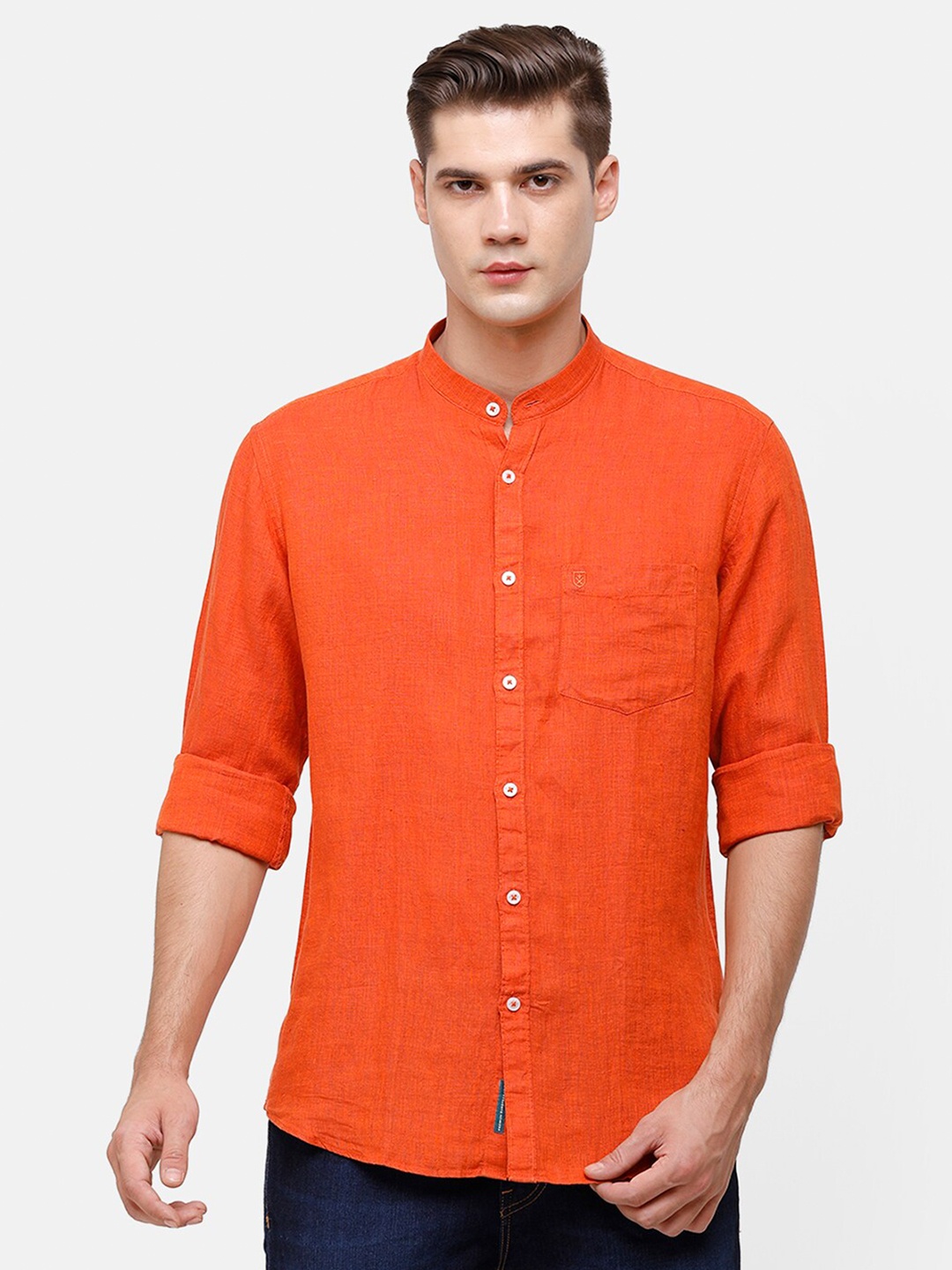 

Linen Club Men Orange Mandarin Collar Linen Casual Shirt