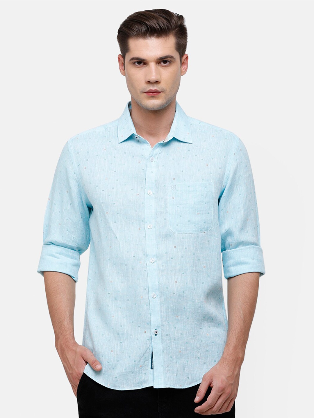 

Linen Club Men Turquoise Blue Linen Casual Shirt