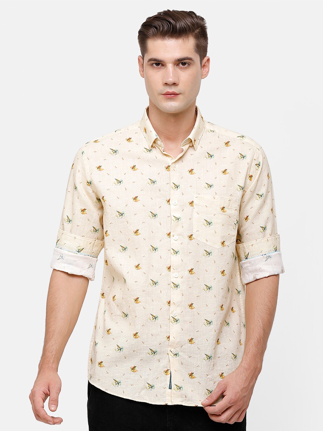 

Linen Club Men Cream-Coloured Printed Linen Casual Shirt